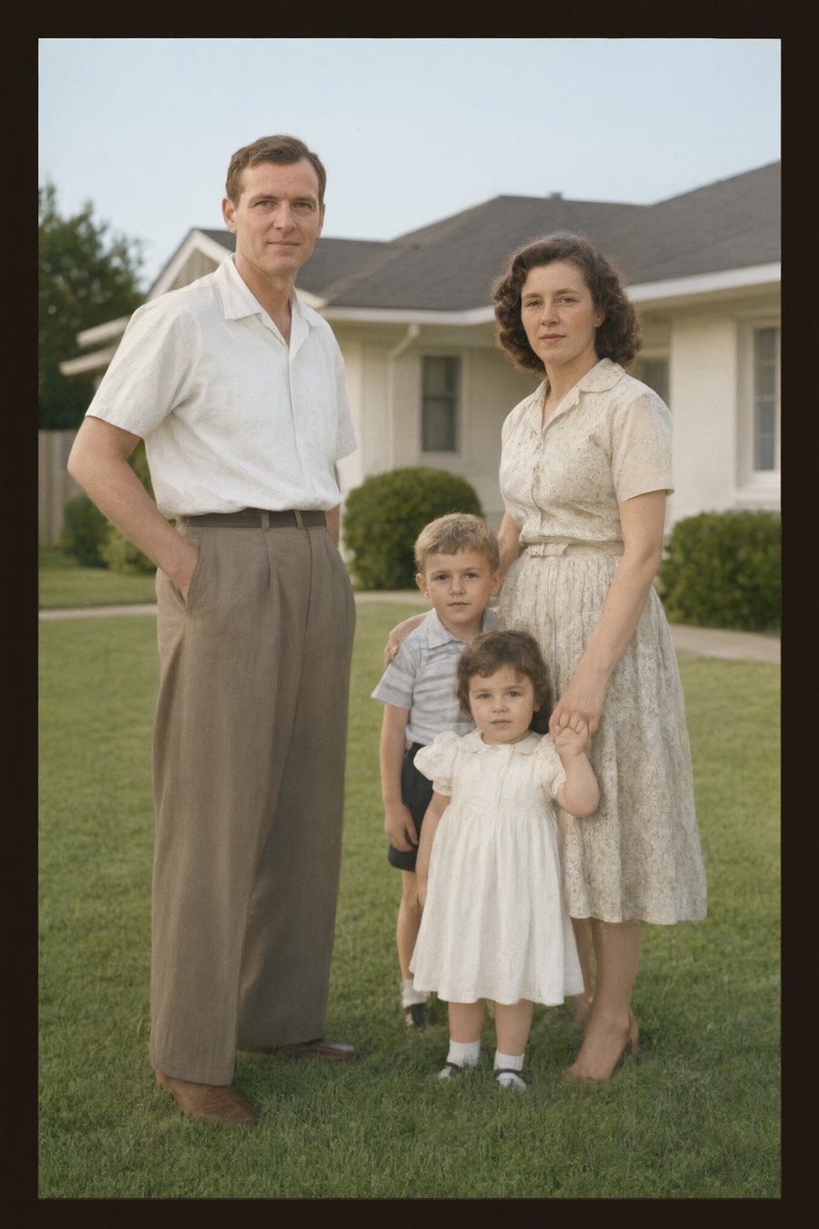 The same family photograph after AI restoration: damage removed, faces sharp and true to the original, colors natural